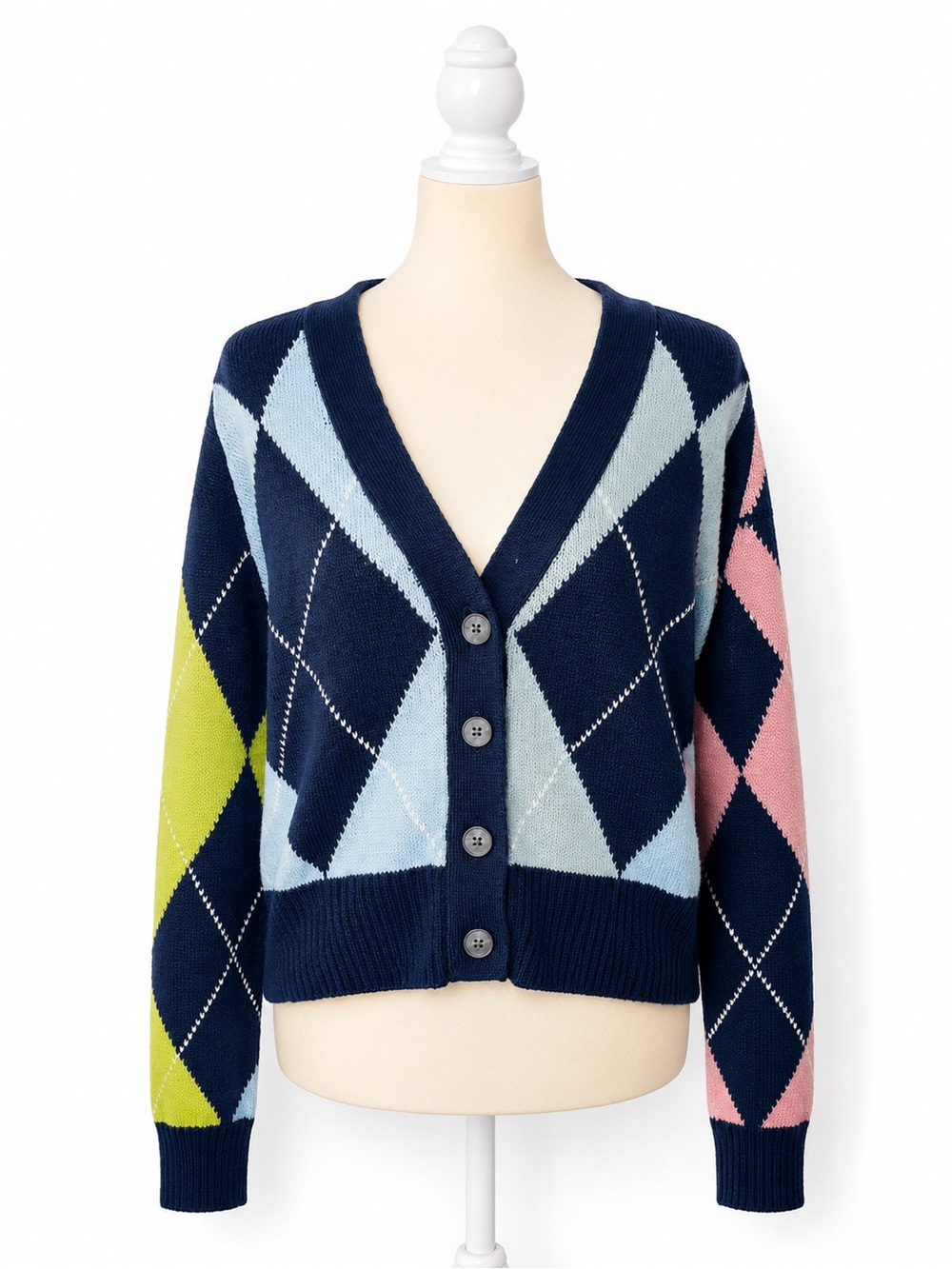 American Eagle Argyle Cardigan Womens Medium Cropped Y2K Pastel Button Sweater
